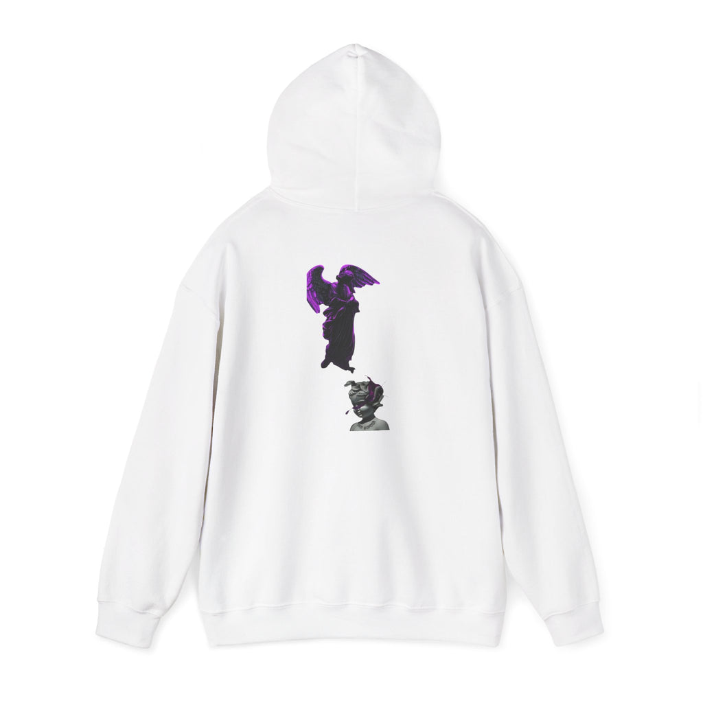 Angel Statue Hoodie — Gothic Purple Accent Sculptural Graphic Hoodie