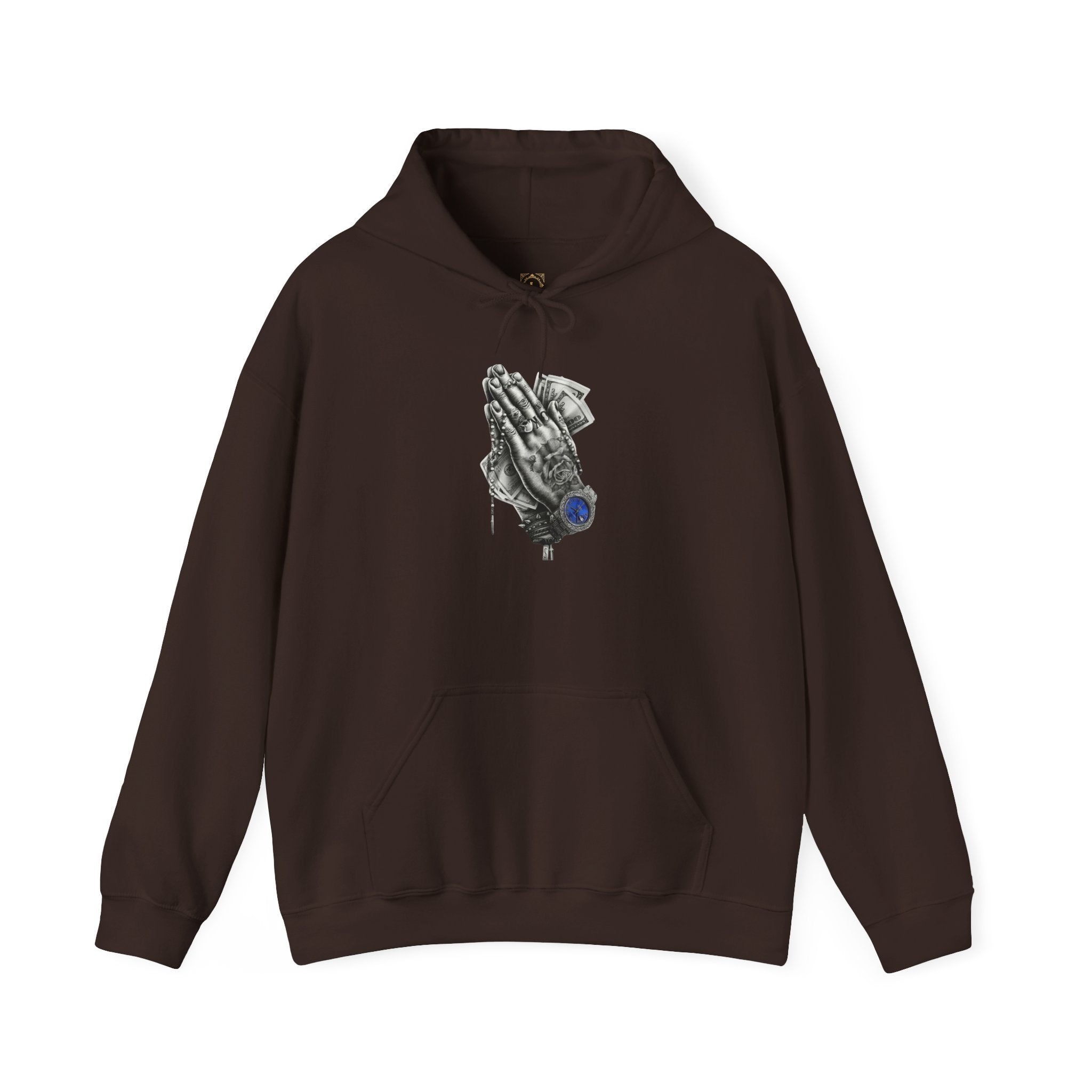 Hoodie — Praying Hands Graphic Hoodie with Blue Rose Accent