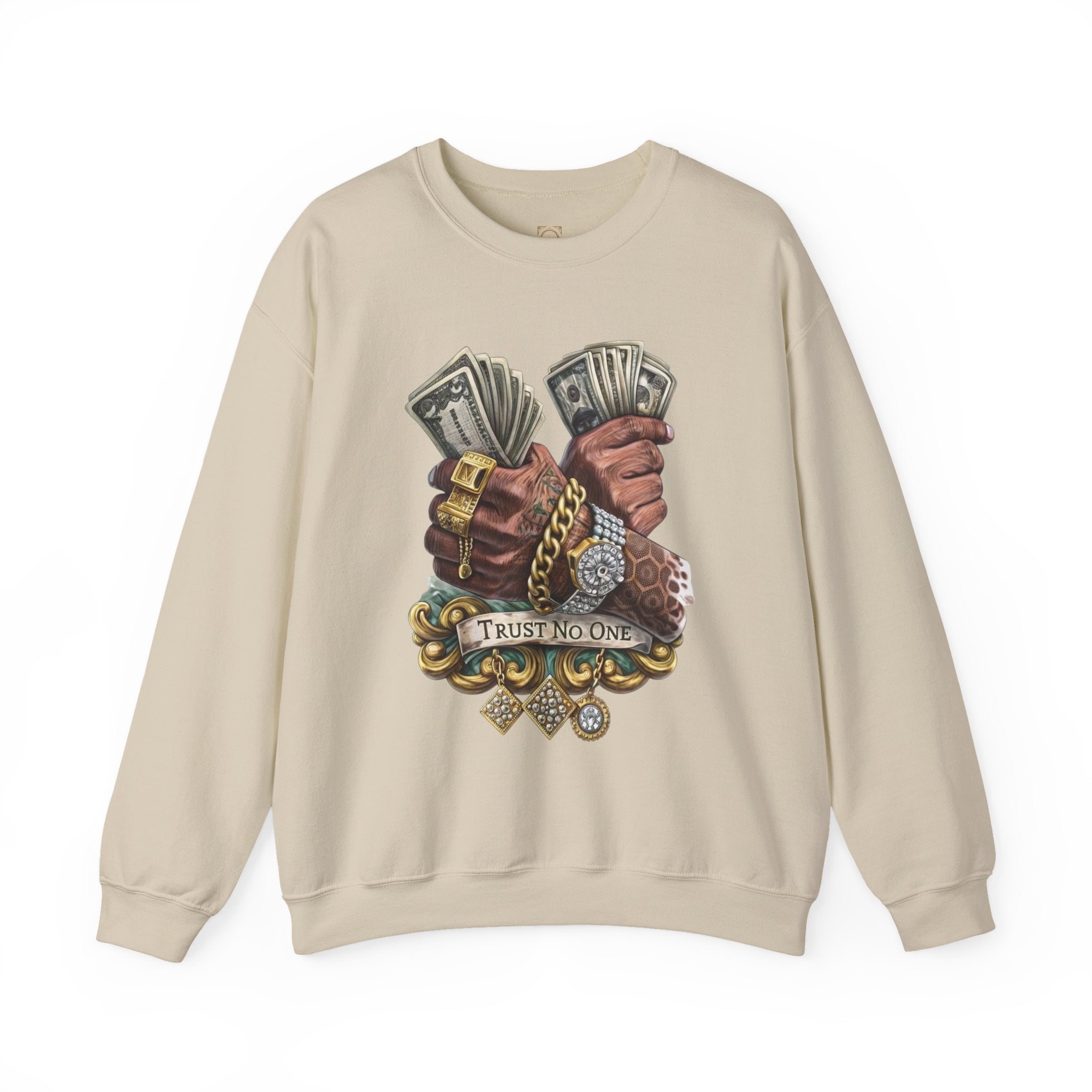 Crewneck Sweatshirt — 'Trust No One' Money Hands Graphic