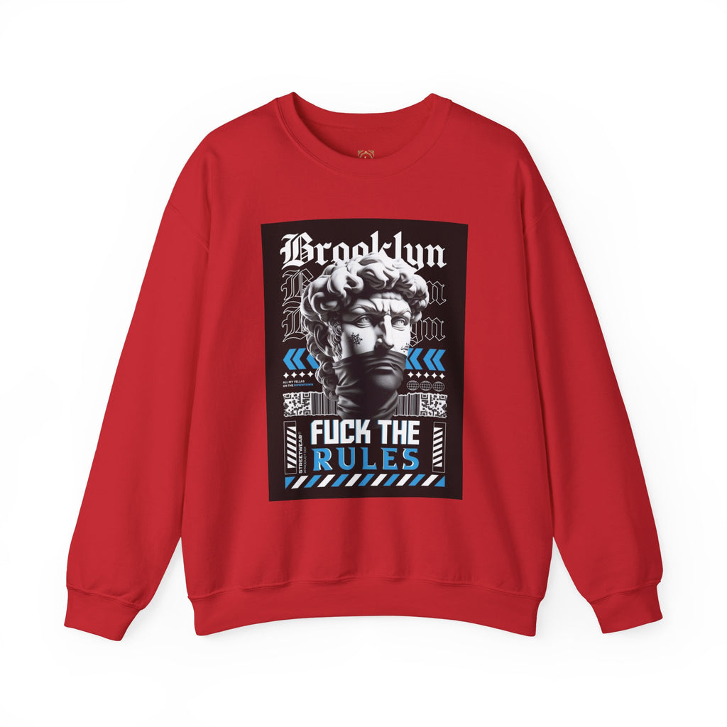 Crewneck Sweatshirt — 'Brooklyn' Statue Graphic with “Fuck the Rules” Streetwear Slogan