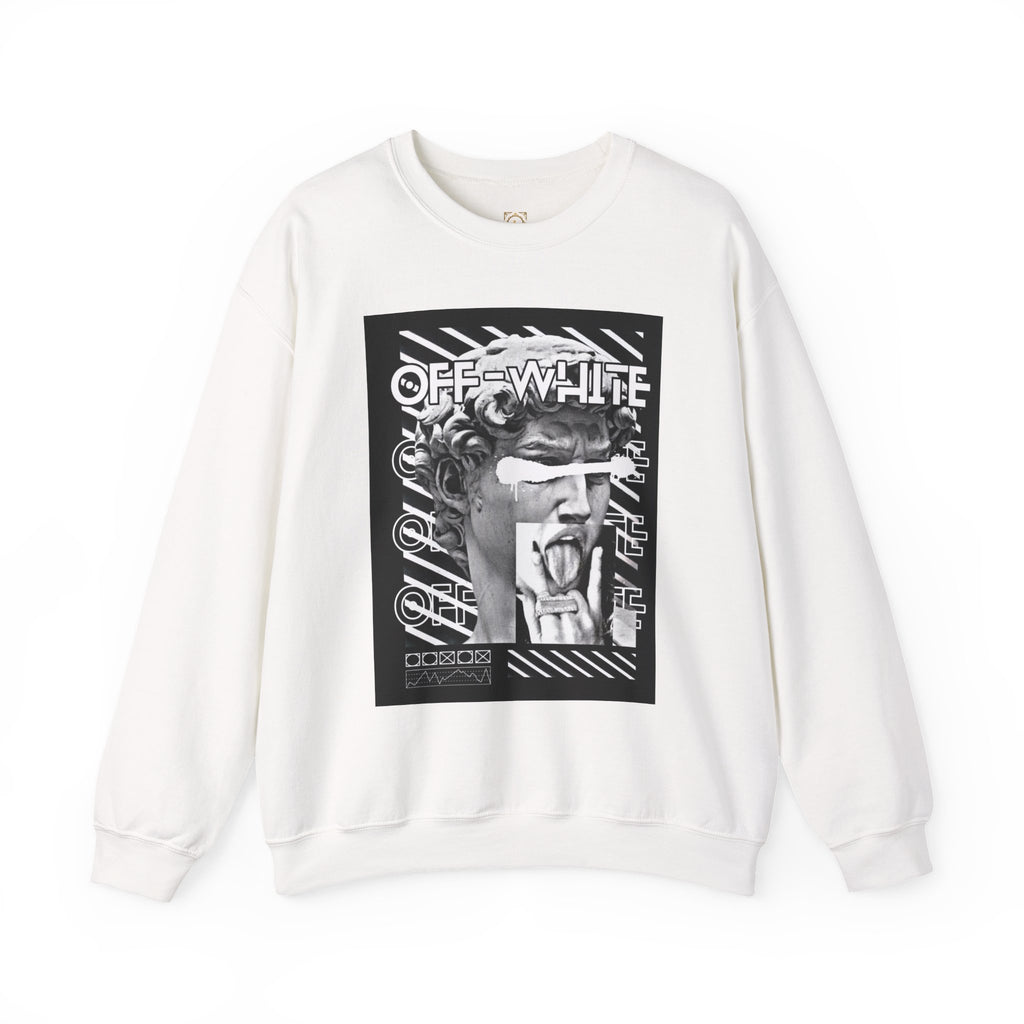 Statue Graphic Crewneck Sweatshirt — 'OFF-WHITE' Monochrome Streetwear Pullover