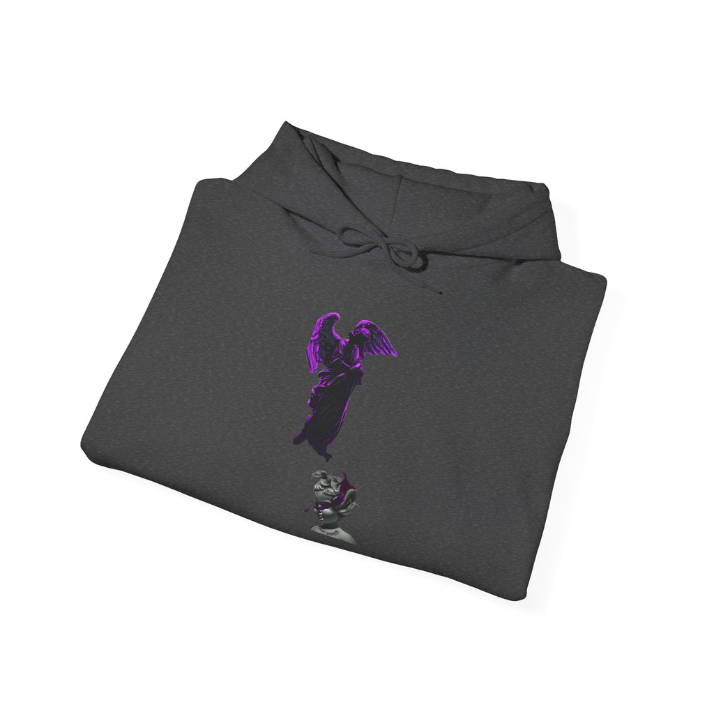 Angel Statue Hoodie — Gothic Purple Accent Sculptural Graphic Hoodie