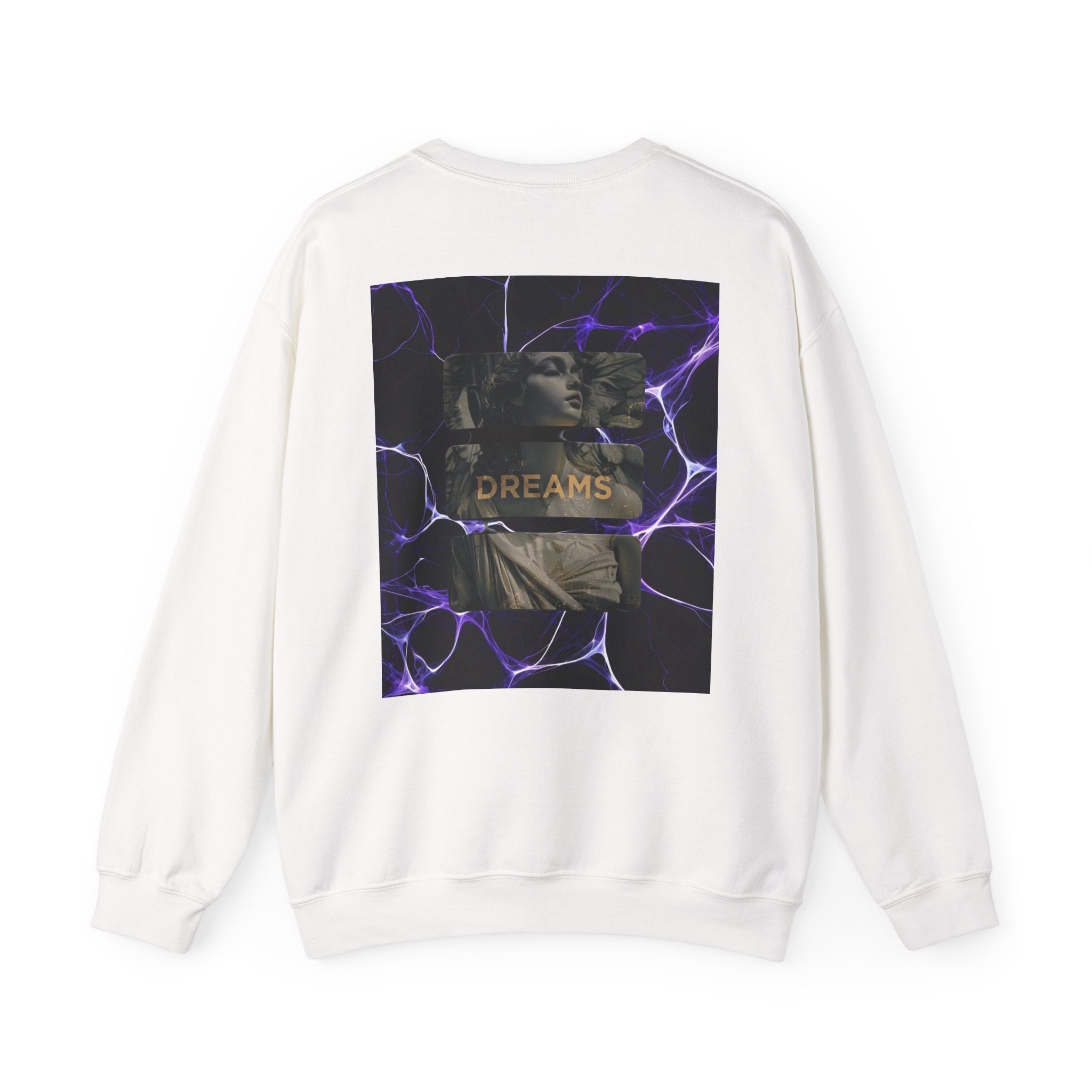 Dreams Statue Crewneck Sweatshirt — Retro Statue Graphic with Purple Lightning