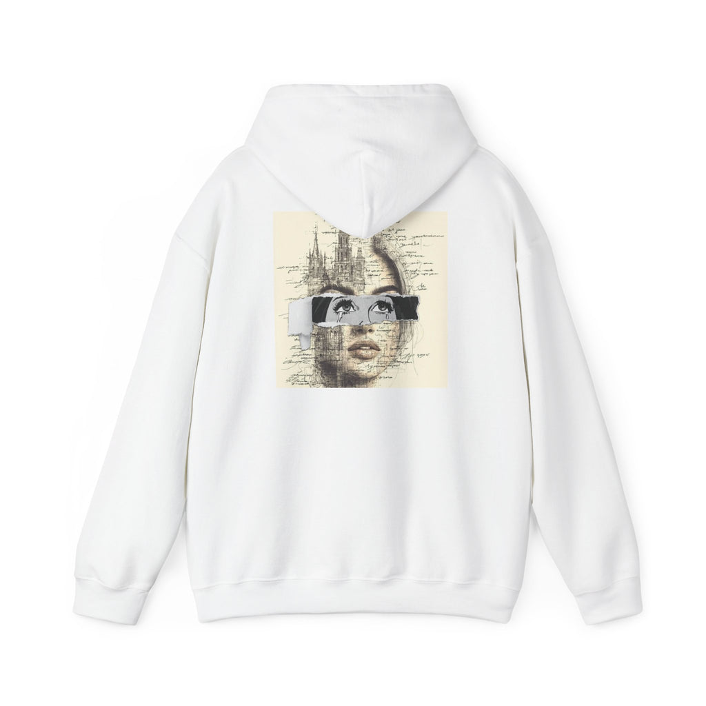 Artistic Face Collage Hoodie — Vintage Script Portrait Sweatshirt