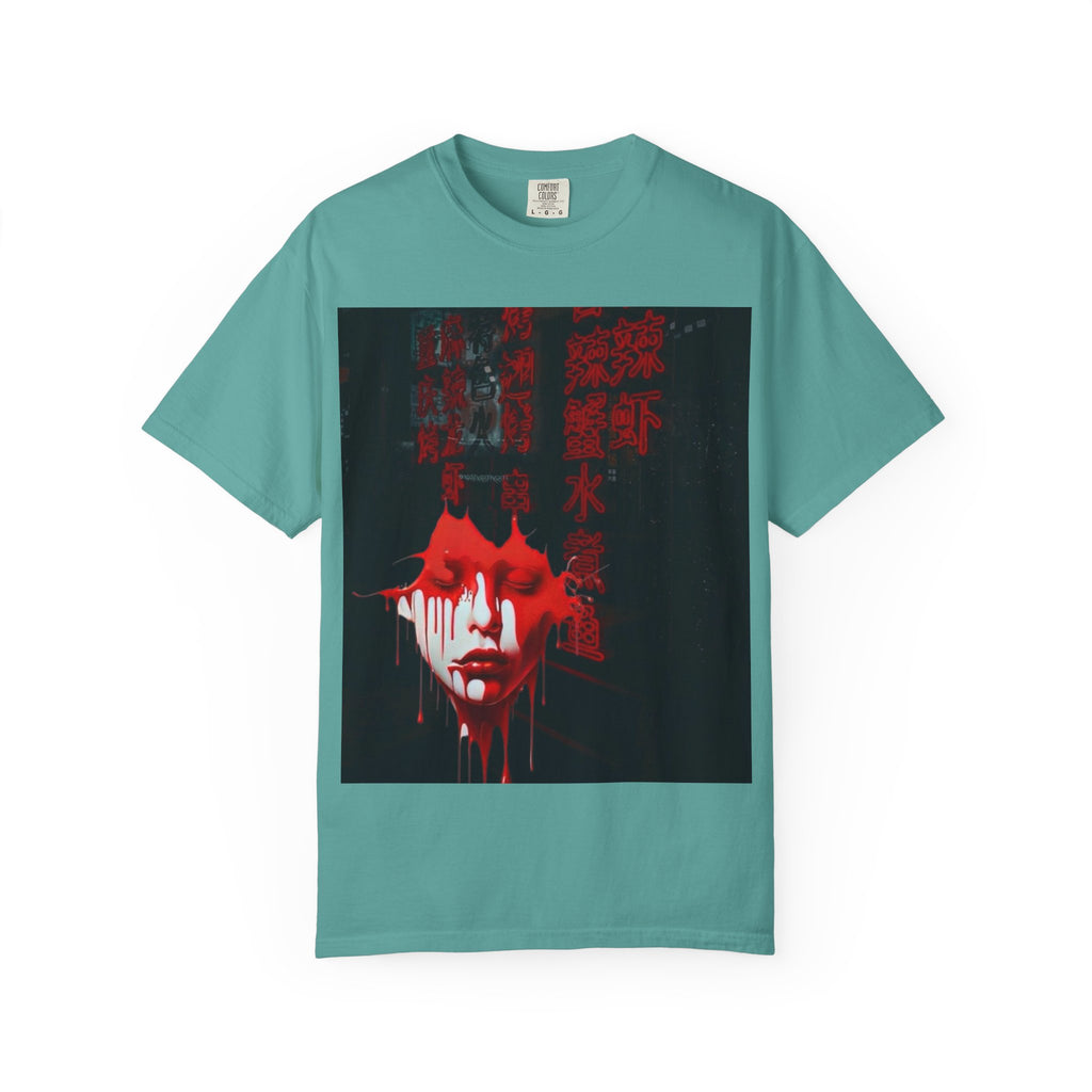 Horror Portrait Tee — Dripping Red Face with Japanese Script Graphic