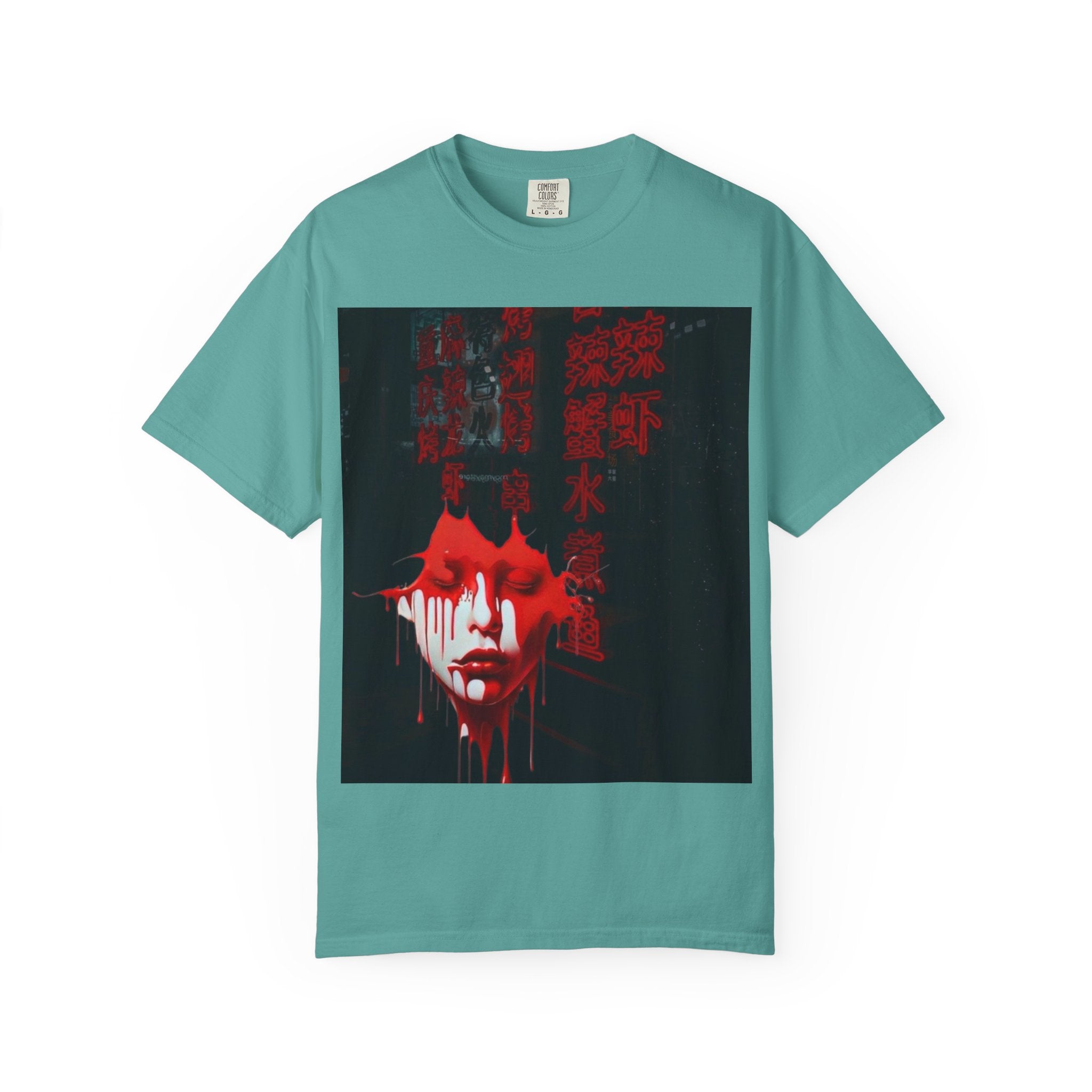 Horror Portrait Tee — Dripping Red Face with Japanese Script Graphic