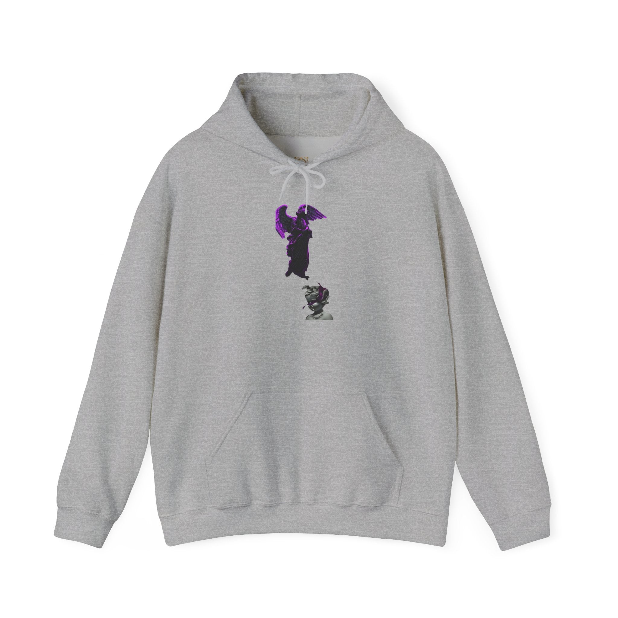 Angel Statue Hoodie — Gothic Purple Accent Sculptural Graphic Hoodie