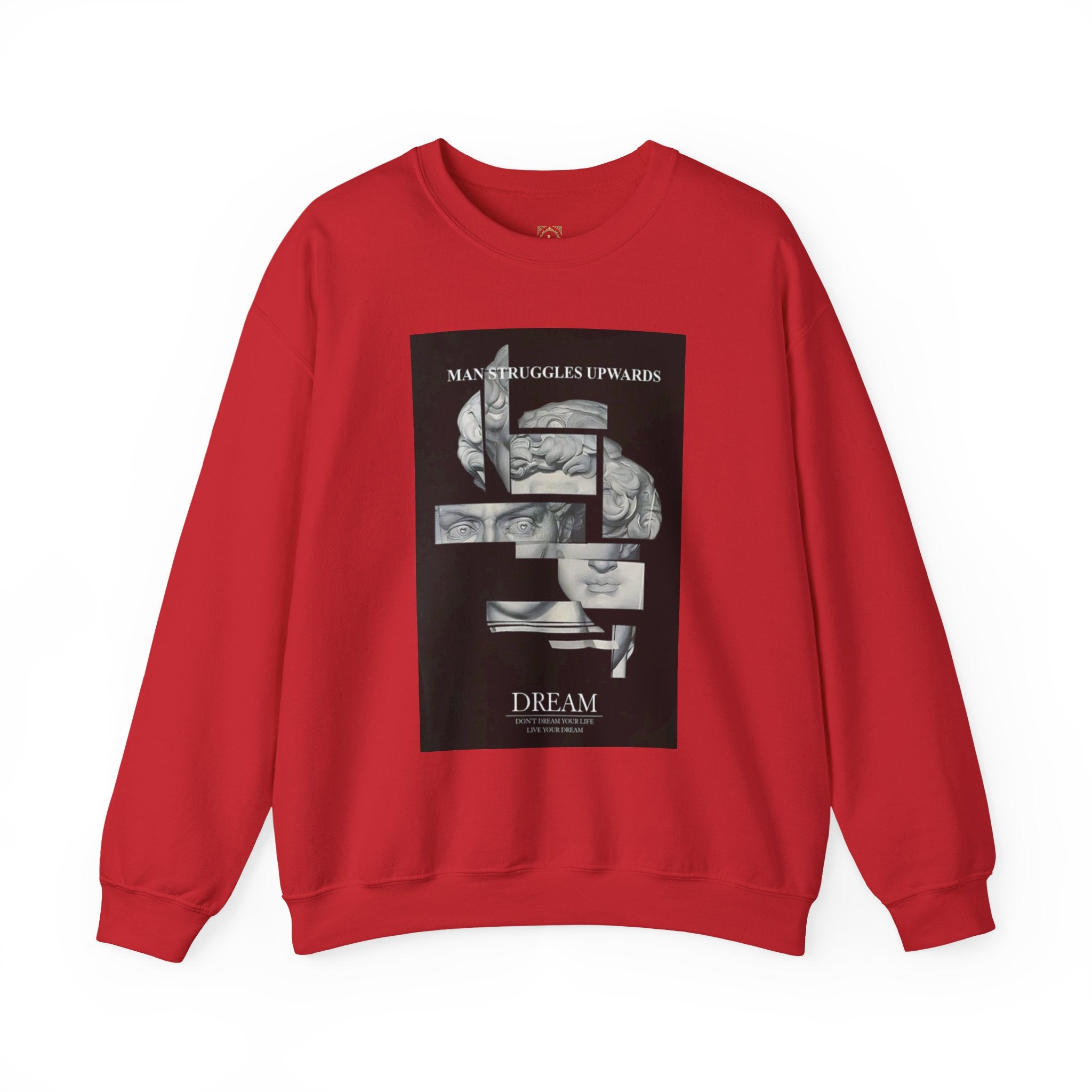 Dream Fragment Crewneck Sweatshirt — 'Man Struggles Upwards' Statue Collage
