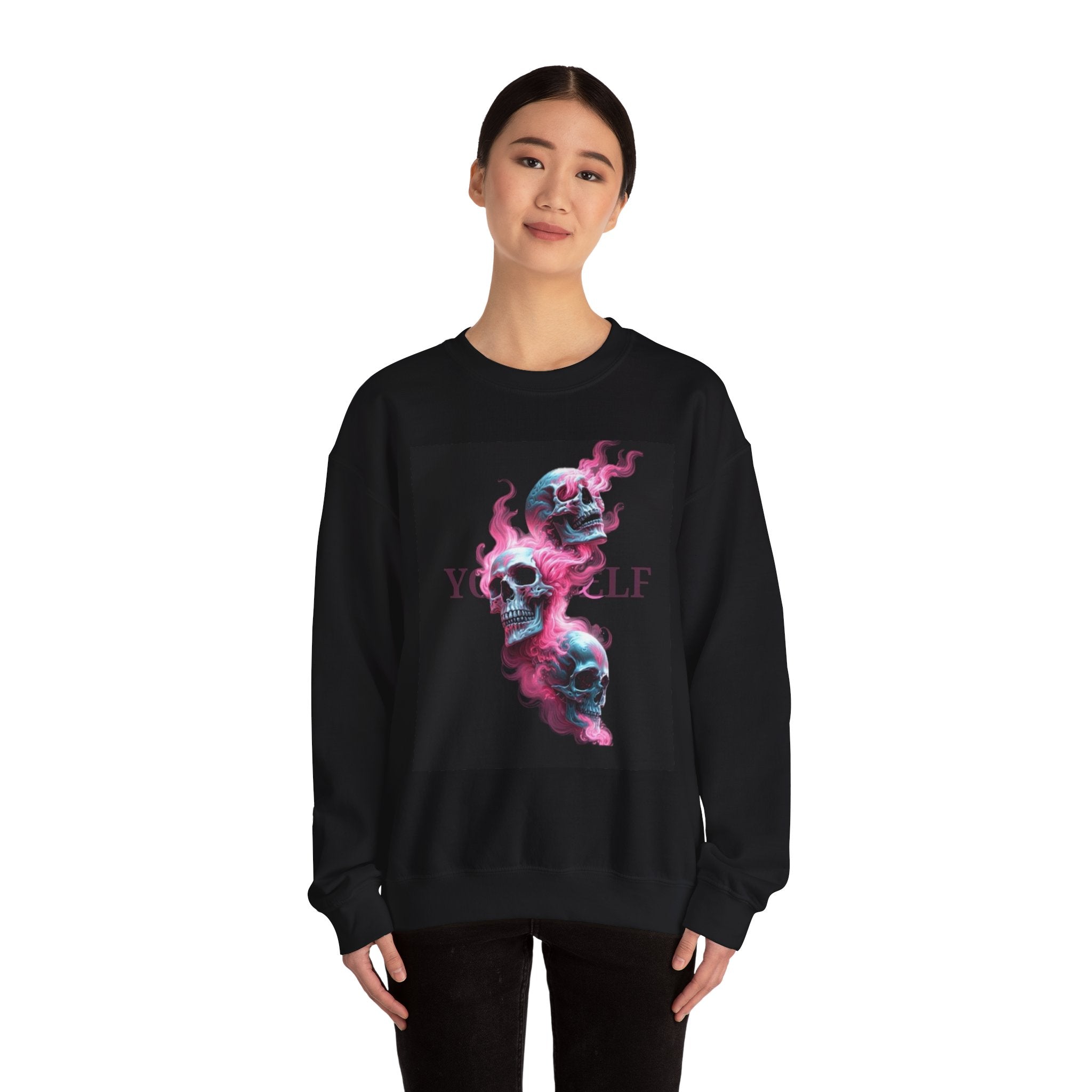Skull Smoke Crewneck Sweatshirt — Neon Pink & Blue Gothic Graphic
