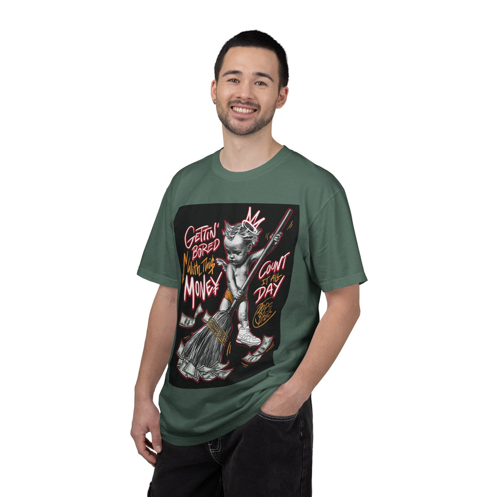 Cat Broomstick Money Tee — "Gettin' Bored With This Money" Graphic T-Shirt