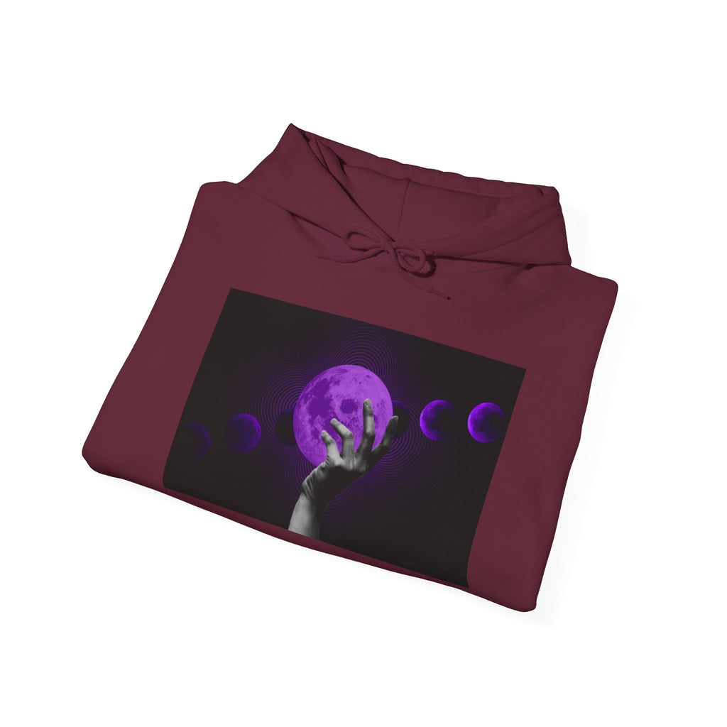 Moon Phases Hoodie — Purple Lunar Hand Graphic Pullover