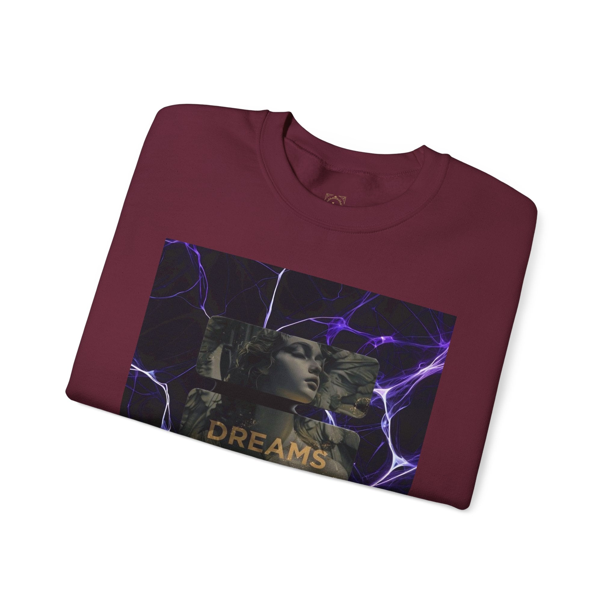 Dreams Statue Crewneck Sweatshirt — Retro Statue Graphic with Purple Lightning