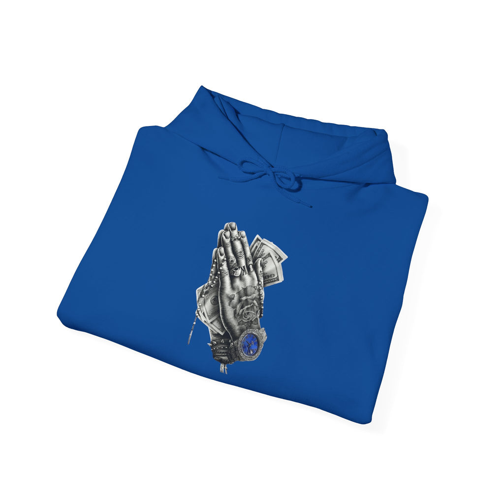 Hoodie — Praying Hands Graphic Hoodie with Blue Rose Accent