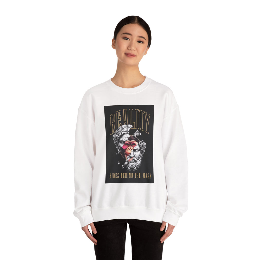 Crewneck Sweatshirt — "Reality Hides Behind The Mask" Graphic Pullover