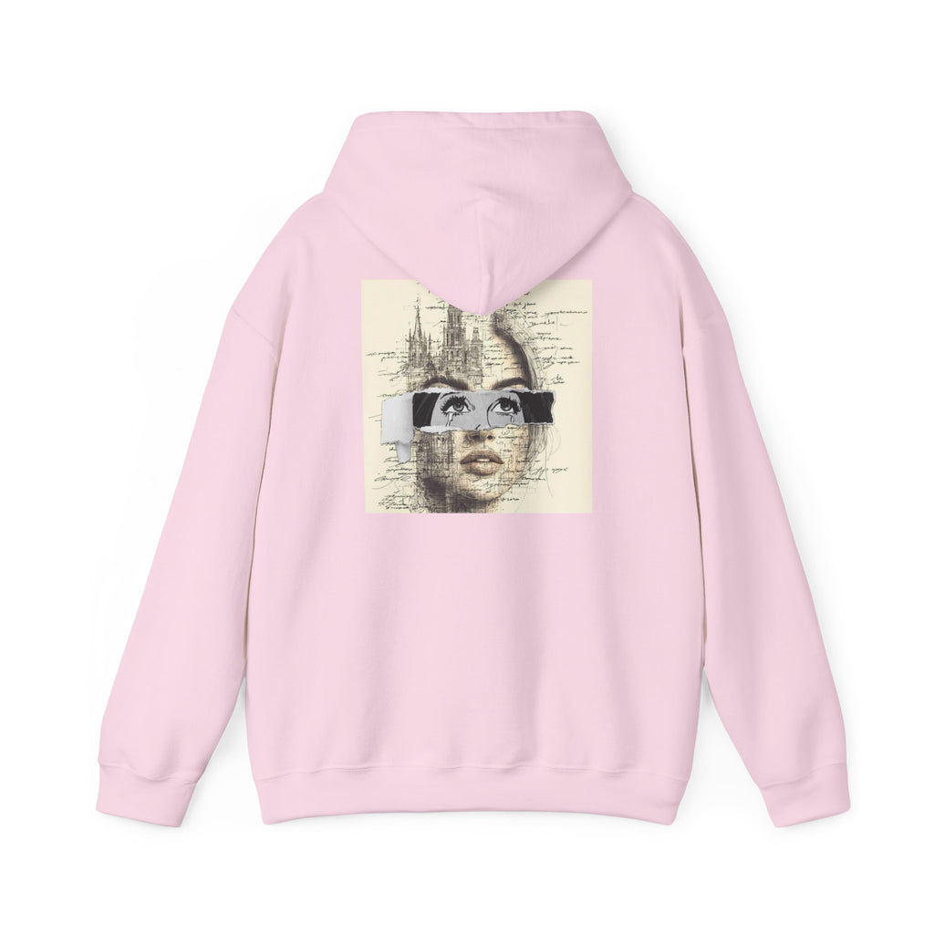 Artistic Face Collage Hoodie — Vintage Script Portrait Sweatshirt