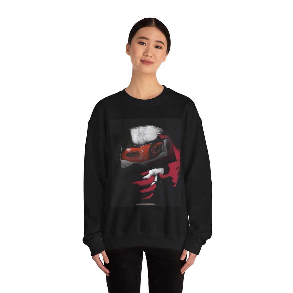 Masked Red Eyes Crewneck Sweatshirt — Graphic Streetwear with 'Legaciess' Back Logo