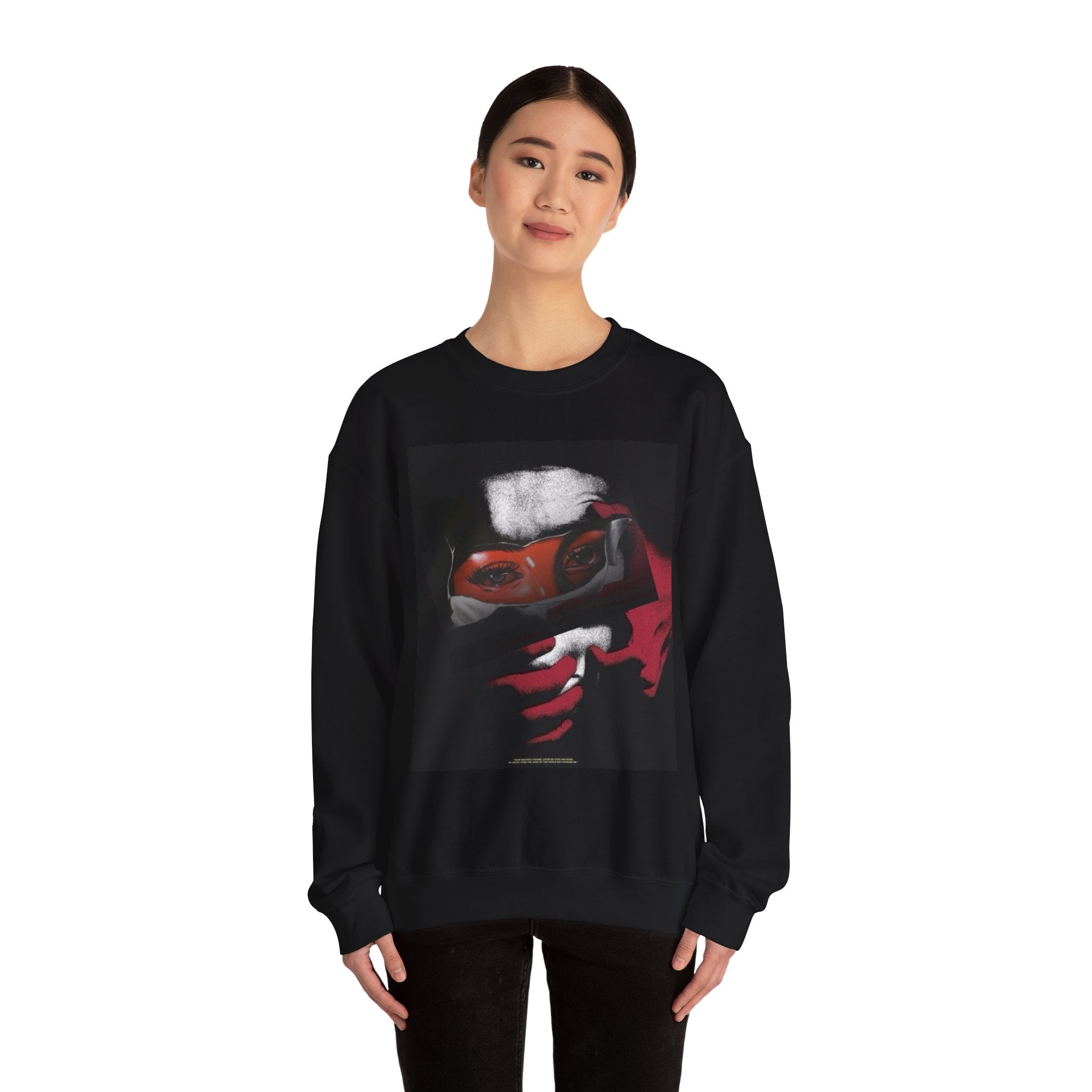 Masked Red Eyes Crewneck Sweatshirt — Graphic Streetwear with 'Legaciess' Back Logo
