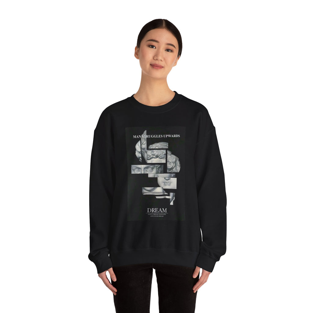 Dream Fragment Crewneck Sweatshirt — 'Man Struggles Upwards' Statue Collage