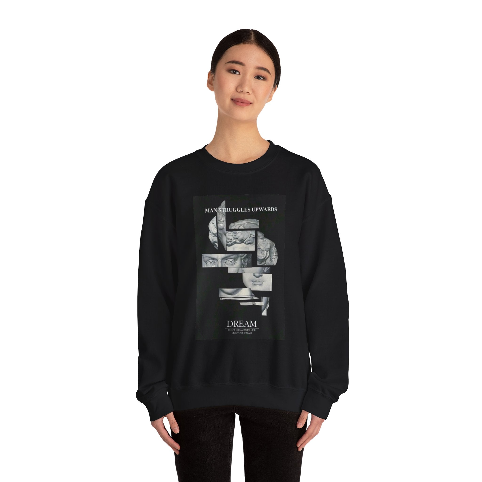 Dream Fragment Crewneck Sweatshirt — 'Man Struggles Upwards' Statue Collage