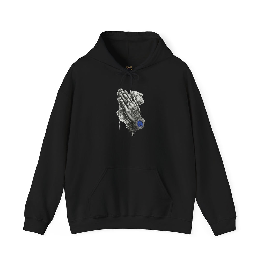 Hoodie — Praying Hands Graphic Hoodie with Blue Rose Accent