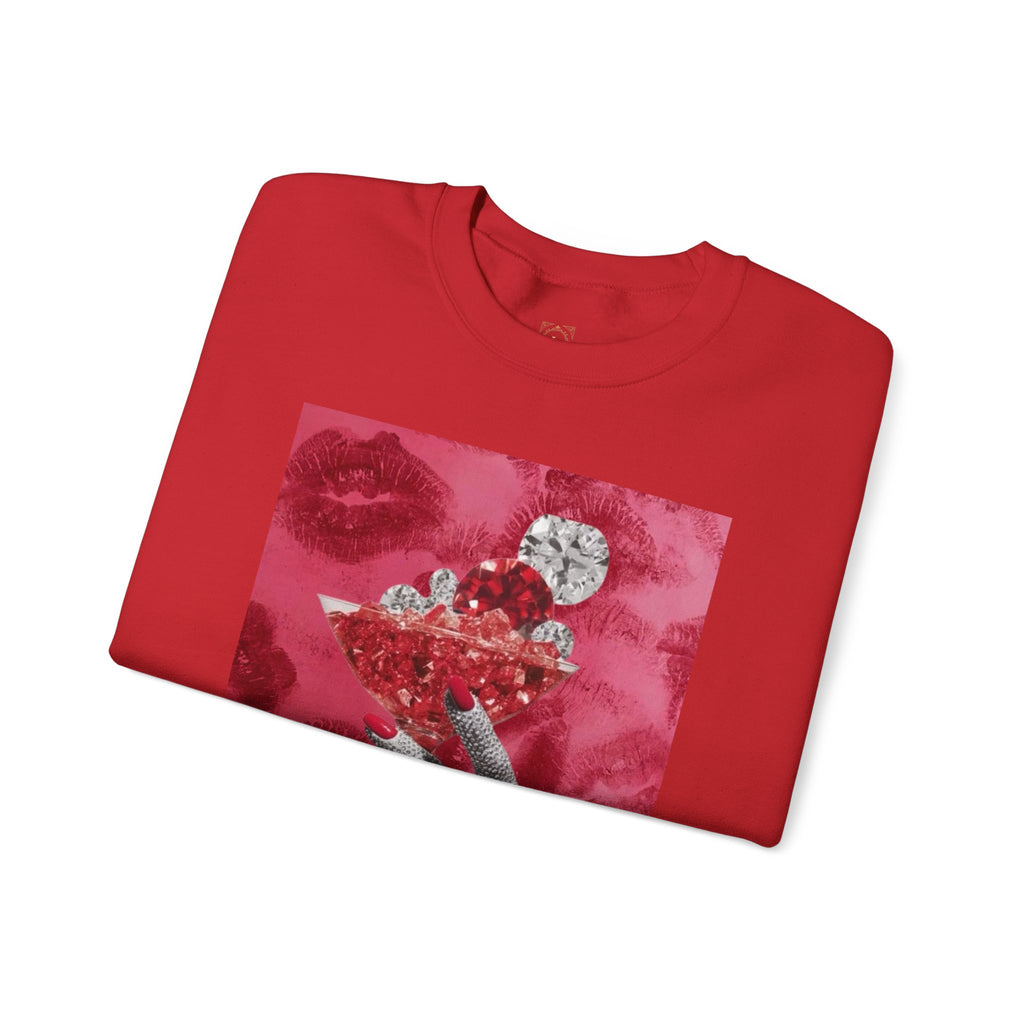 Crewneck Sweatshirt — Glamorous Red Cocktail Collage (Hand Holding Glass, Lip Print)