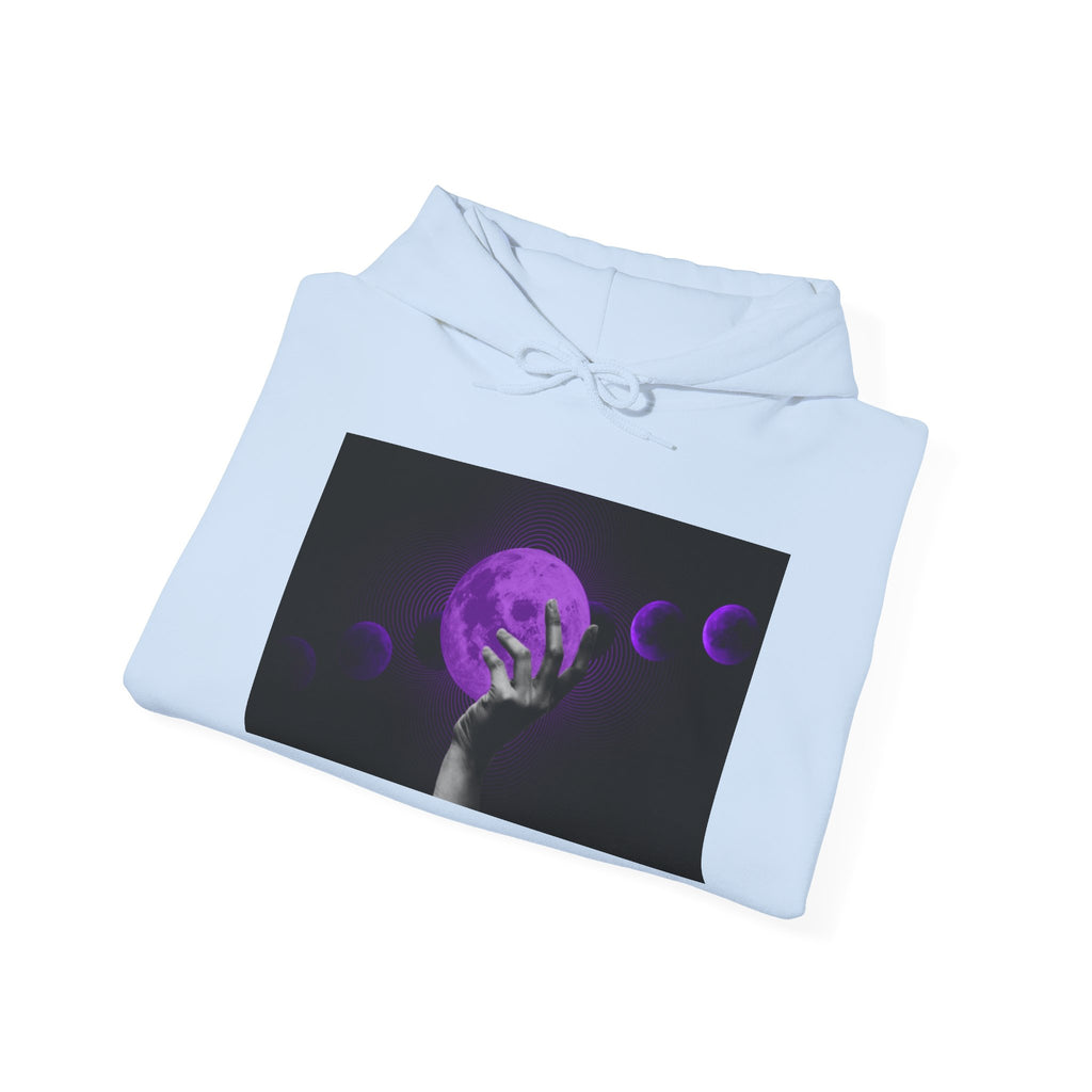 Moon Phases Hoodie — Purple Lunar Hand Graphic Pullover