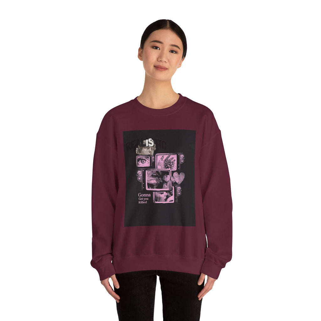 Crewneck Sweatshirt — Pink Collage Eyes Graphic “Gonna Get You, Kiddo”