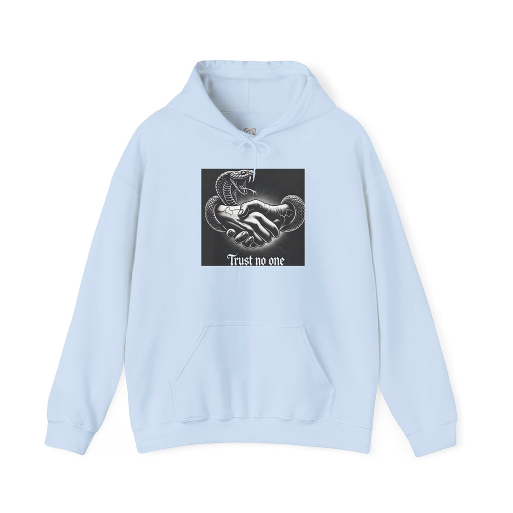 Trust No One Hoodie — Snake Handshake Graphic Hoodie