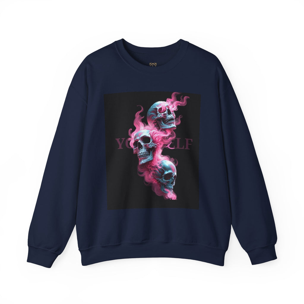 Skull Smoke Crewneck Sweatshirt — Neon Pink & Blue Gothic Graphic