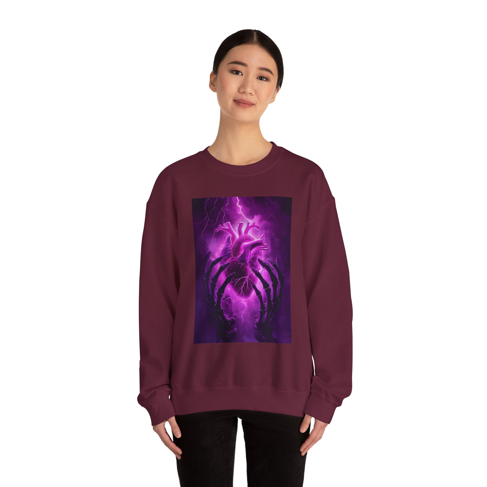 Crewneck Sweatshirt — Purple Lightning Anatomical Heart Graphic