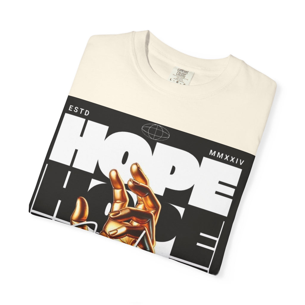 Hope Vibe Graphic T-Shirt — 'Hope for Better Days Ahead' Chest Print with Gold Hand & Back 'Legaciess' Logo