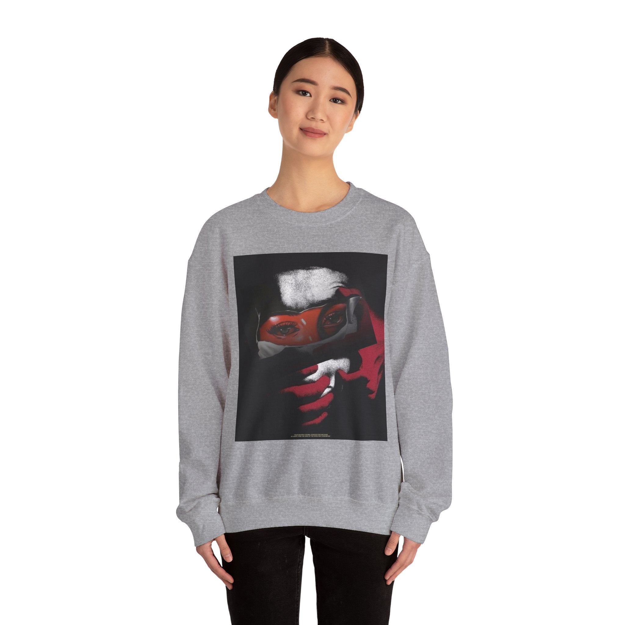 Masked Red Eyes Crewneck Sweatshirt — Graphic Streetwear with 'Legaciess' Back Logo