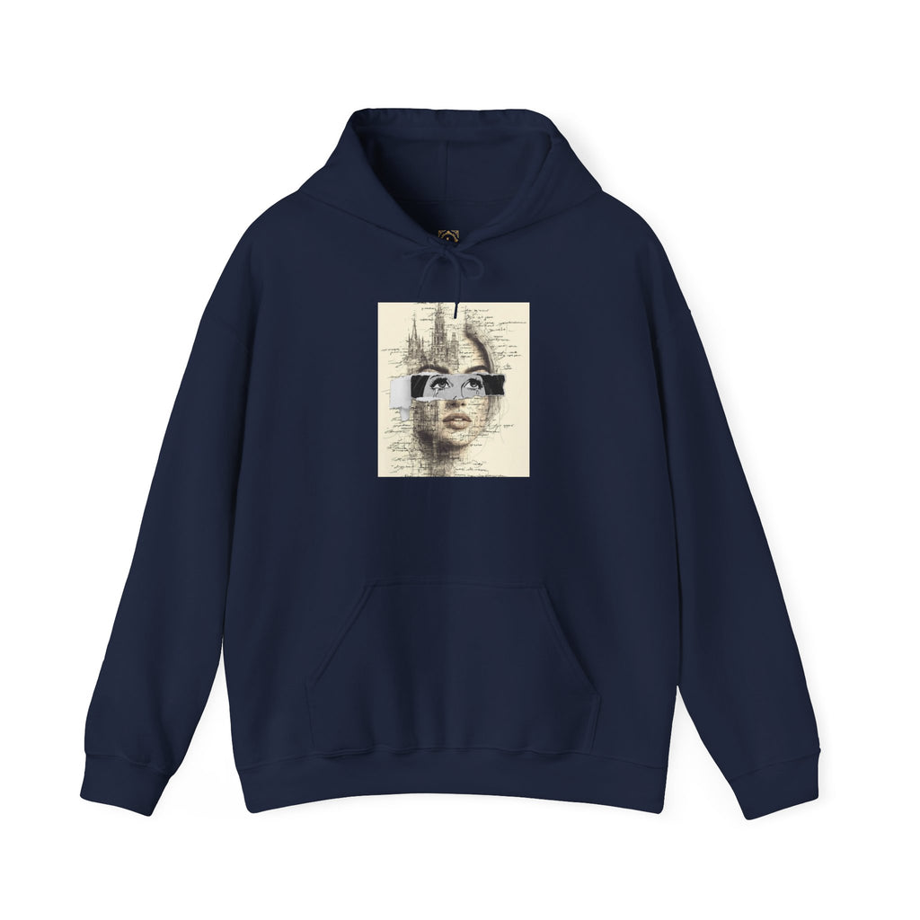 Artistic Face Collage Hoodie — Vintage Script Portrait Sweatshirt