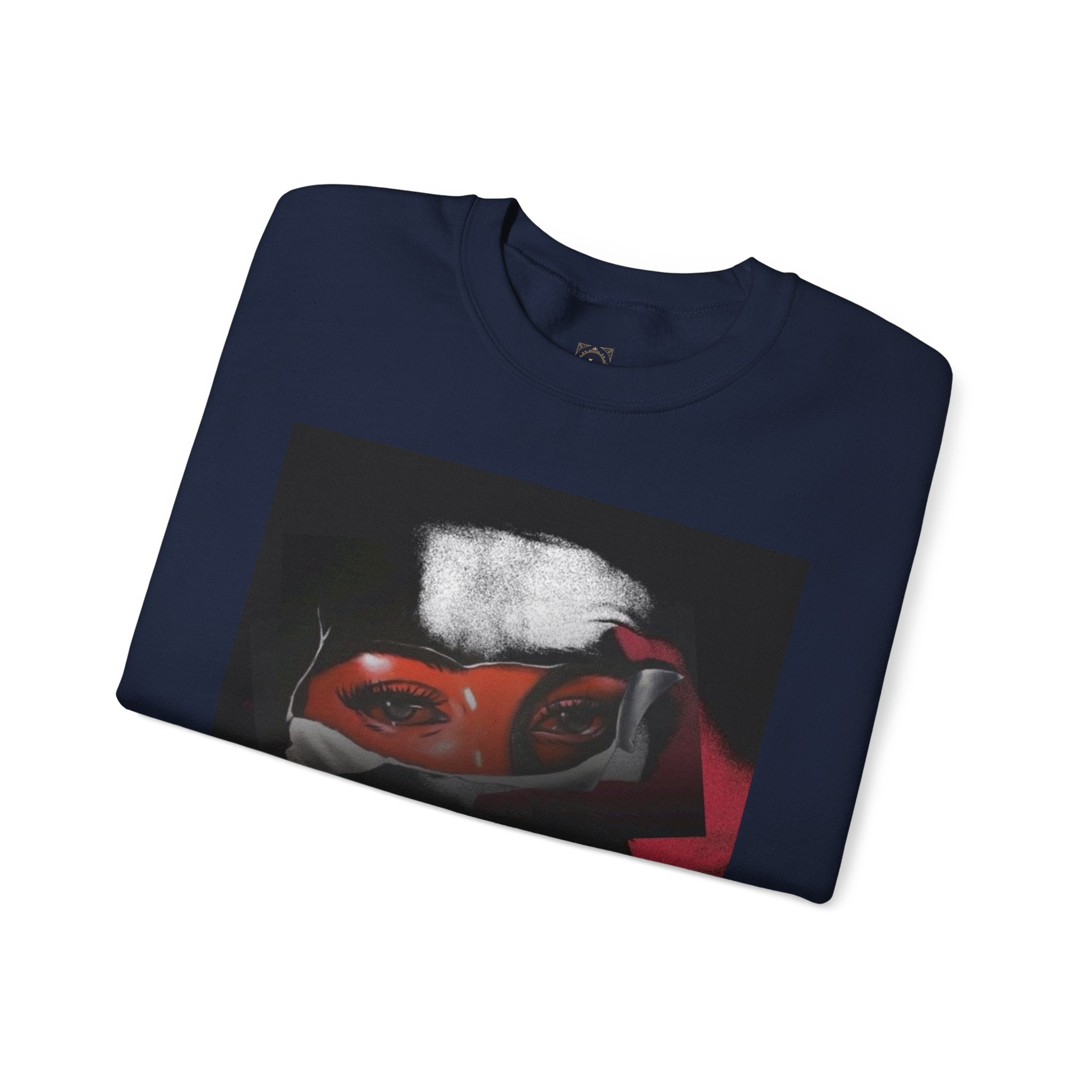 Masked Red Eyes Crewneck Sweatshirt — Graphic Streetwear with 'Legaciess' Back Logo