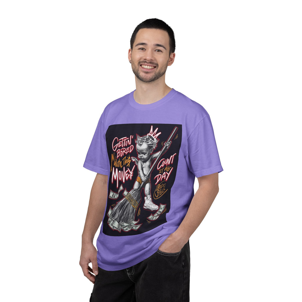 Cat Broomstick Money Tee — "Gettin' Bored With This Money" Graphic T-Shirt