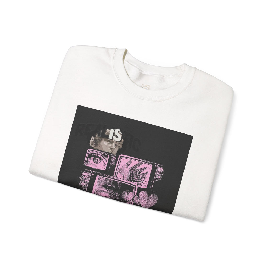 Crewneck Sweatshirt — Pink Collage Eyes Graphic “Gonna Get You, Kiddo”