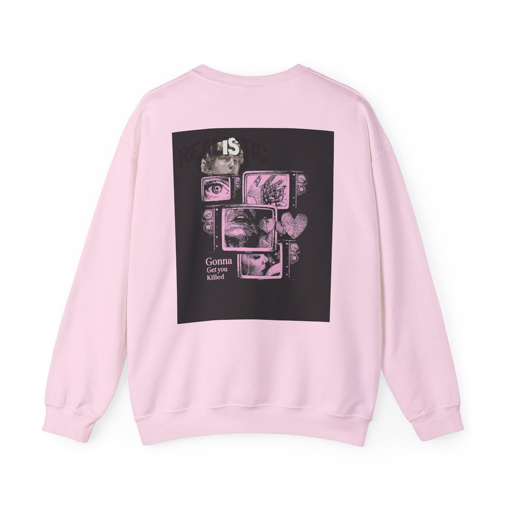 Crewneck Sweatshirt — Pink Collage Eyes Graphic “Gonna Get You, Kiddo”