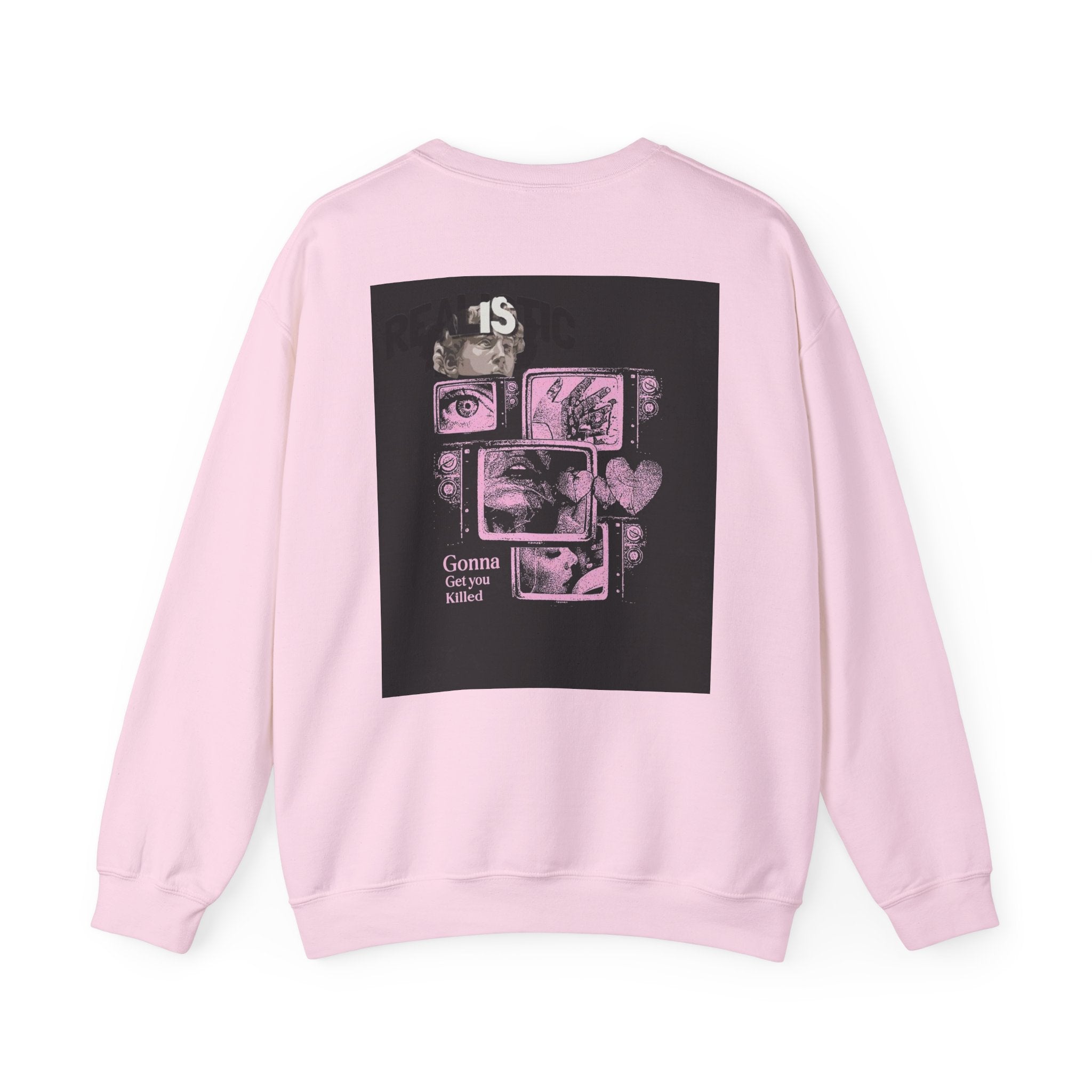 Crewneck Sweatshirt — Pink Collage Eyes Graphic “Gonna Get You, Kiddo”
