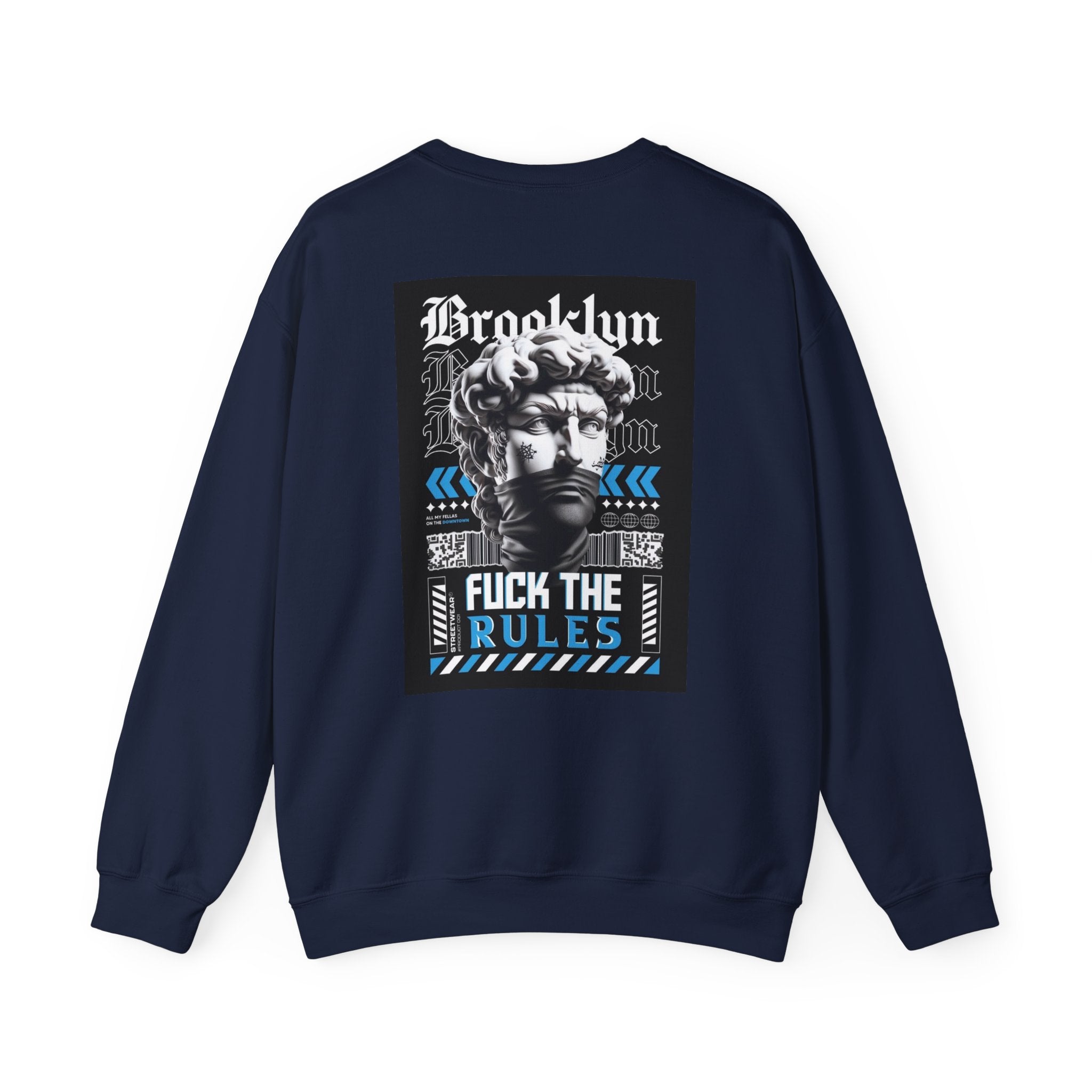 Crewneck Sweatshirt — 'Brooklyn' Statue Graphic with “Fuck the Rules” Streetwear Slogan