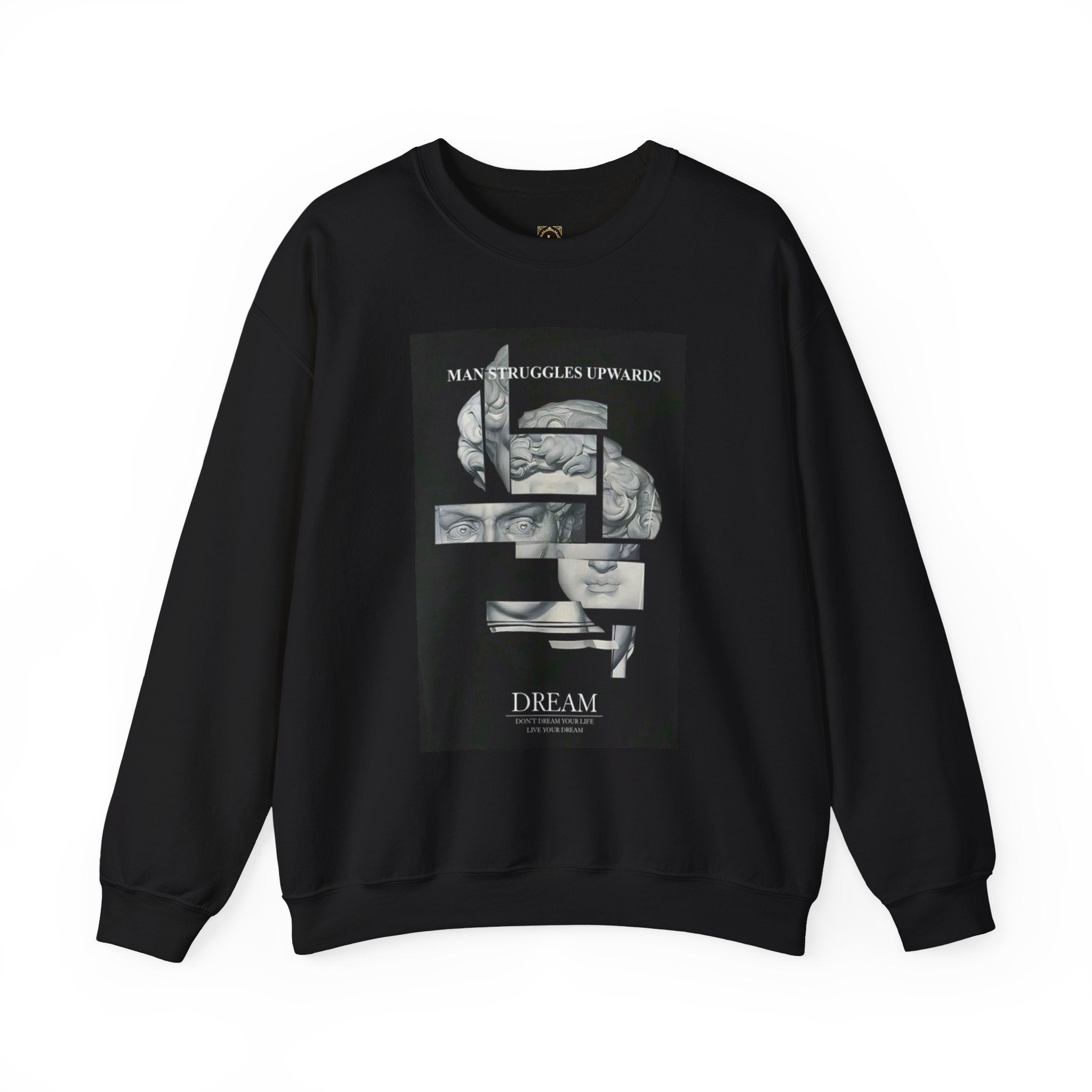 Dream Fragment Crewneck Sweatshirt — 'Man Struggles Upwards' Statue Collage