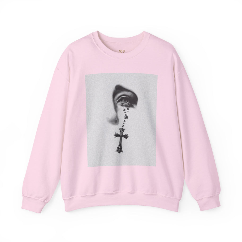 Rosary Tear Crewneck Sweatshirt — Gothic Eye & Cross Graphic