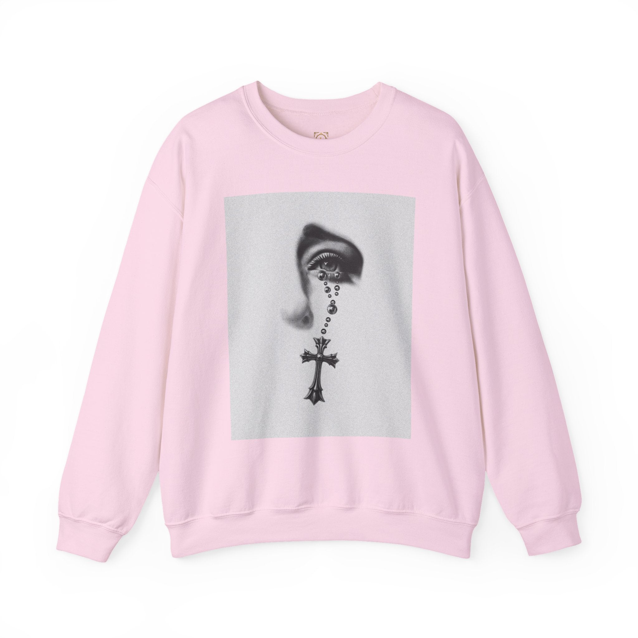 Rosary Tear Crewneck Sweatshirt — Gothic Eye & Cross Graphic