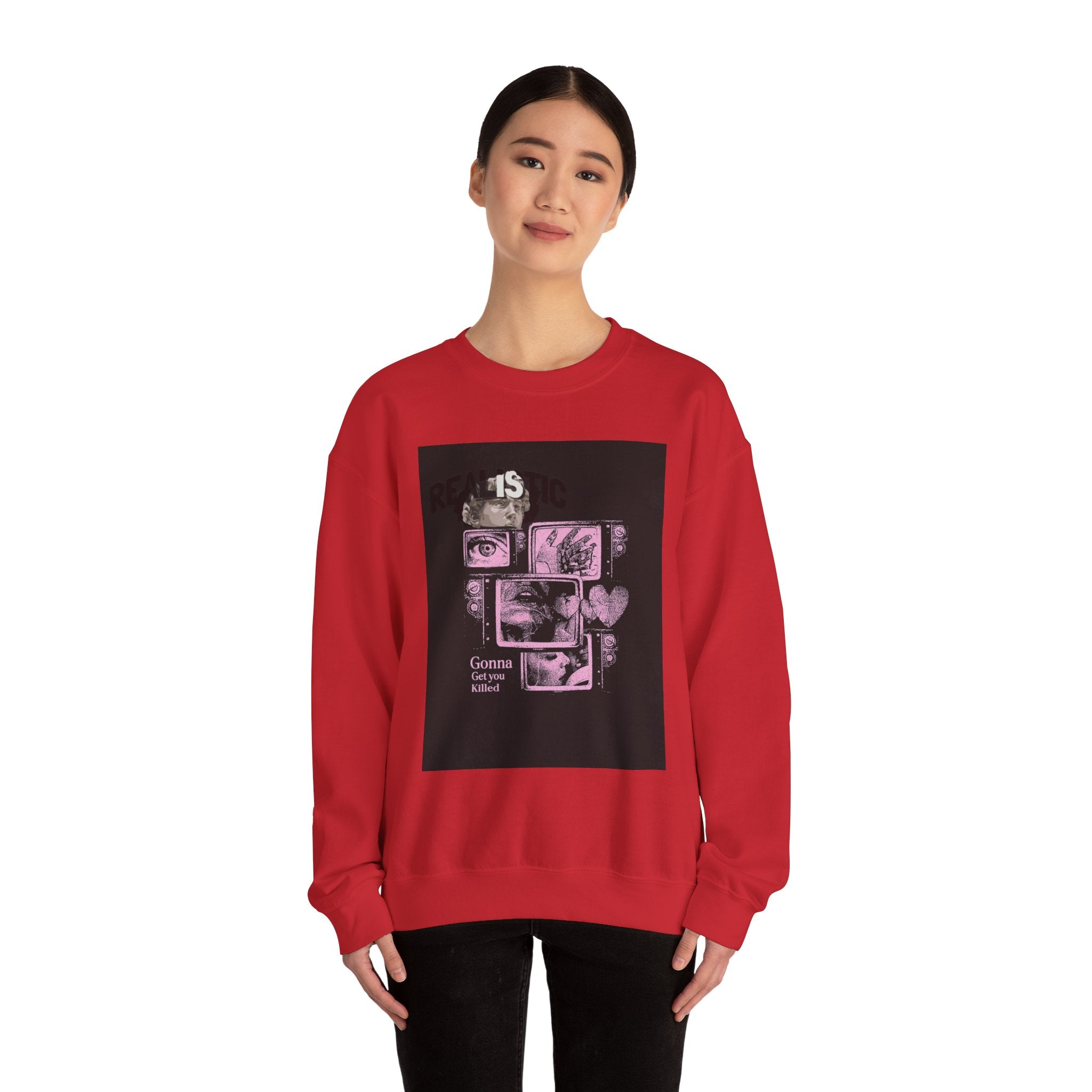 Crewneck Sweatshirt — Pink Collage Eyes Graphic “Gonna Get You, Kiddo”