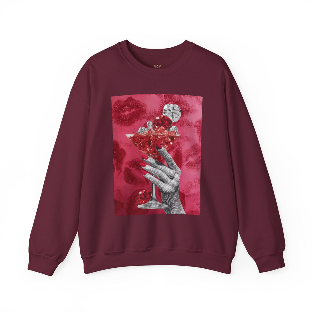 Crewneck Sweatshirt — Glamorous Red Cocktail Collage (Hand Holding Glass, Lip Print)