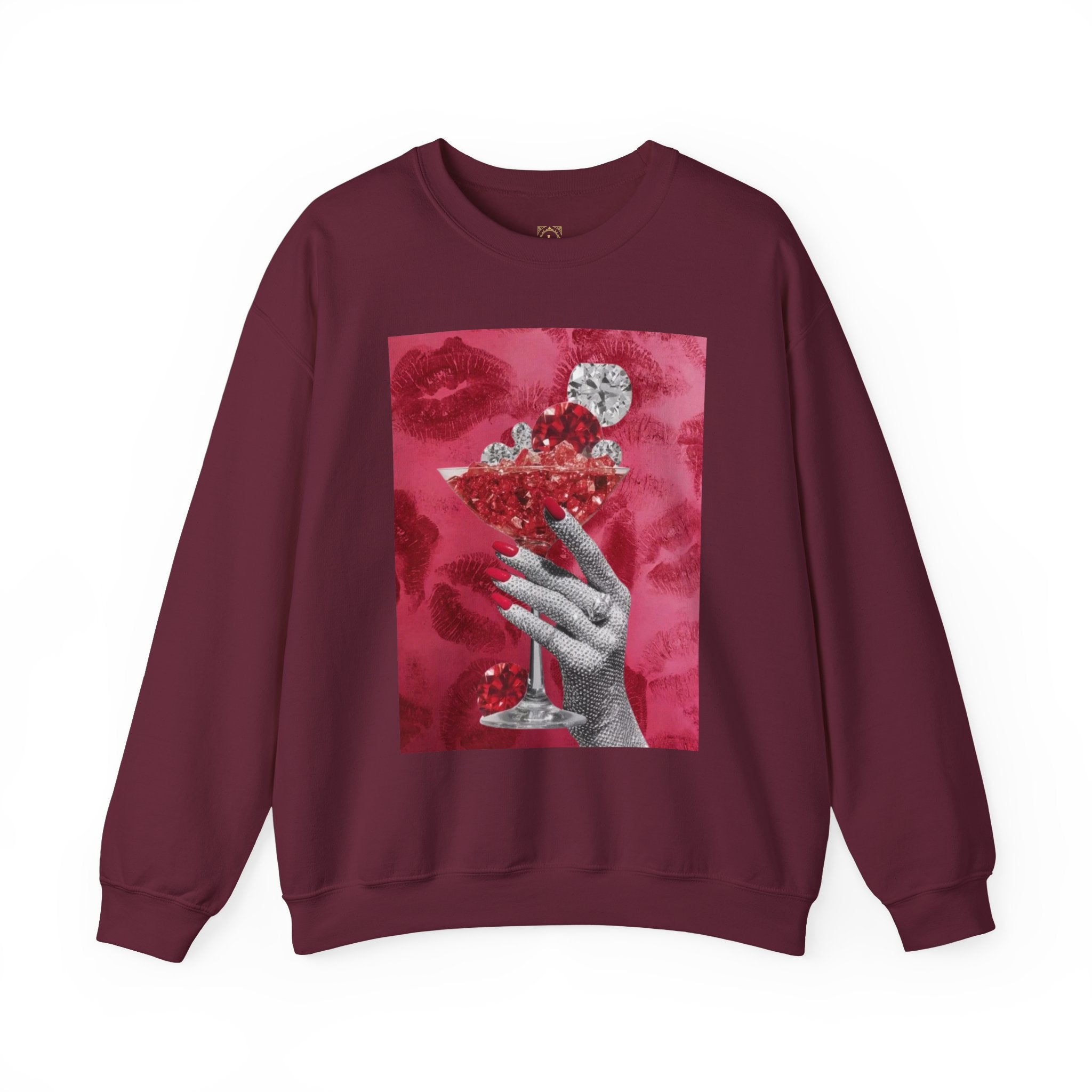 Crewneck Sweatshirt — Glamorous Red Cocktail Collage (Hand Holding Glass, Lip Print)