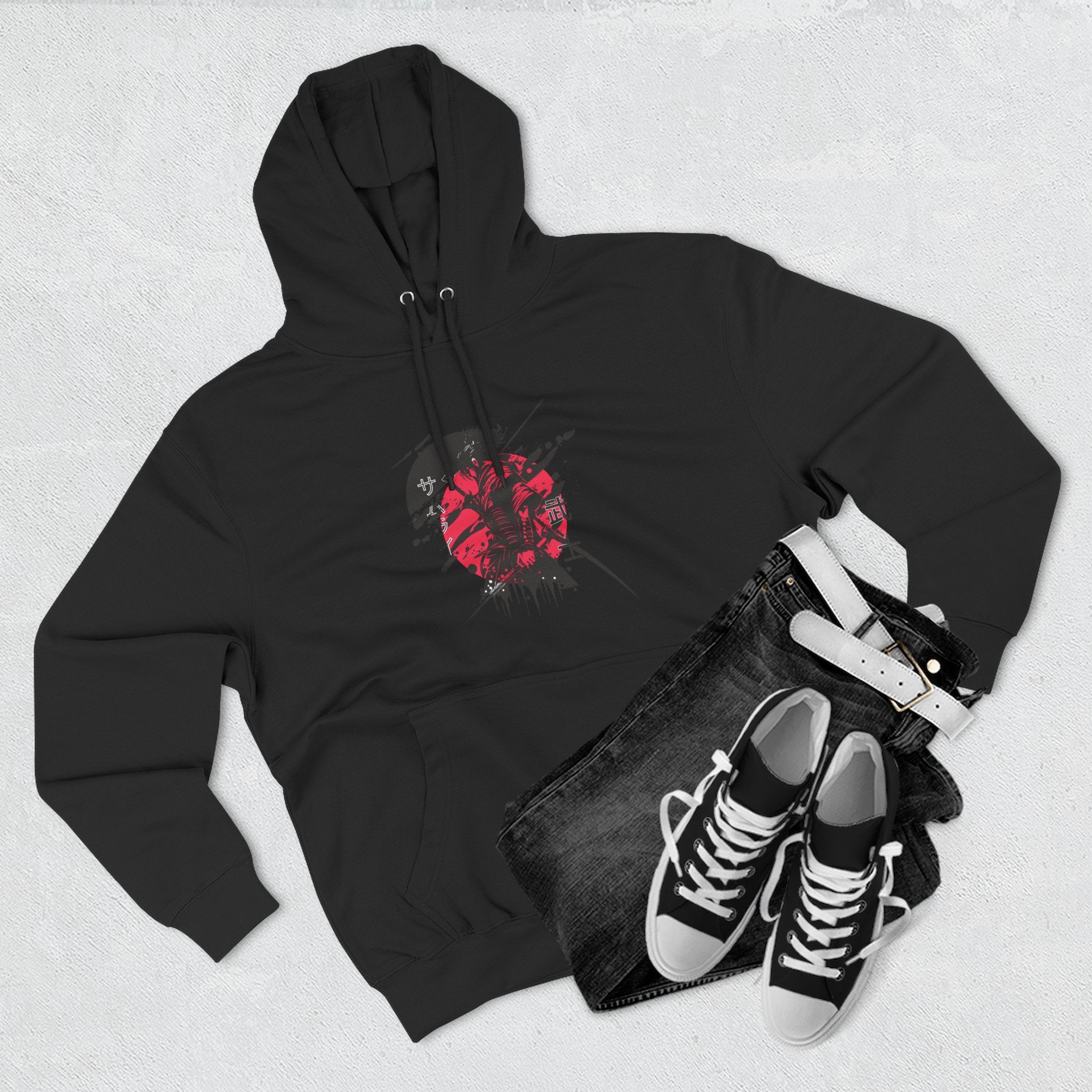 Grunge Rising Hoodie — Red Sun Graphic Fleece Hoodie