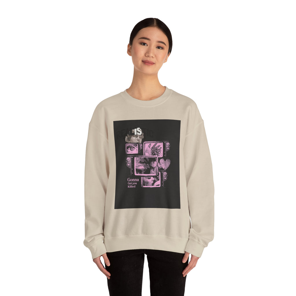 Crewneck Sweatshirt — Pink Collage Eyes Graphic “Gonna Get You, Kiddo”