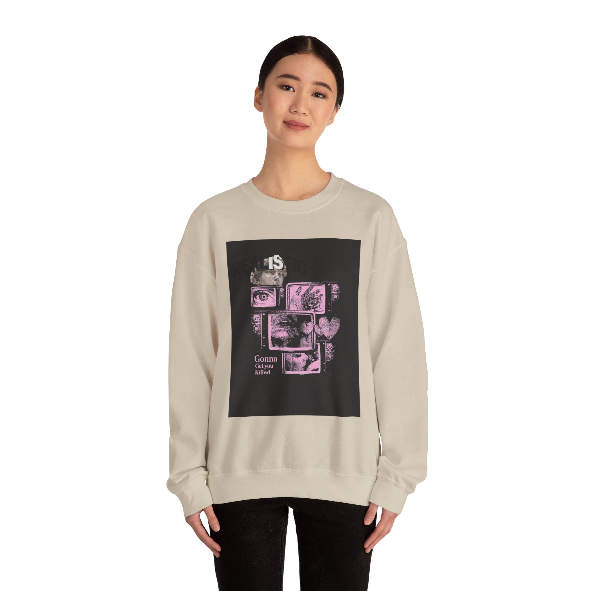 Crewneck Sweatshirt — Pink Collage Eyes Graphic “Gonna Get You, Kiddo”