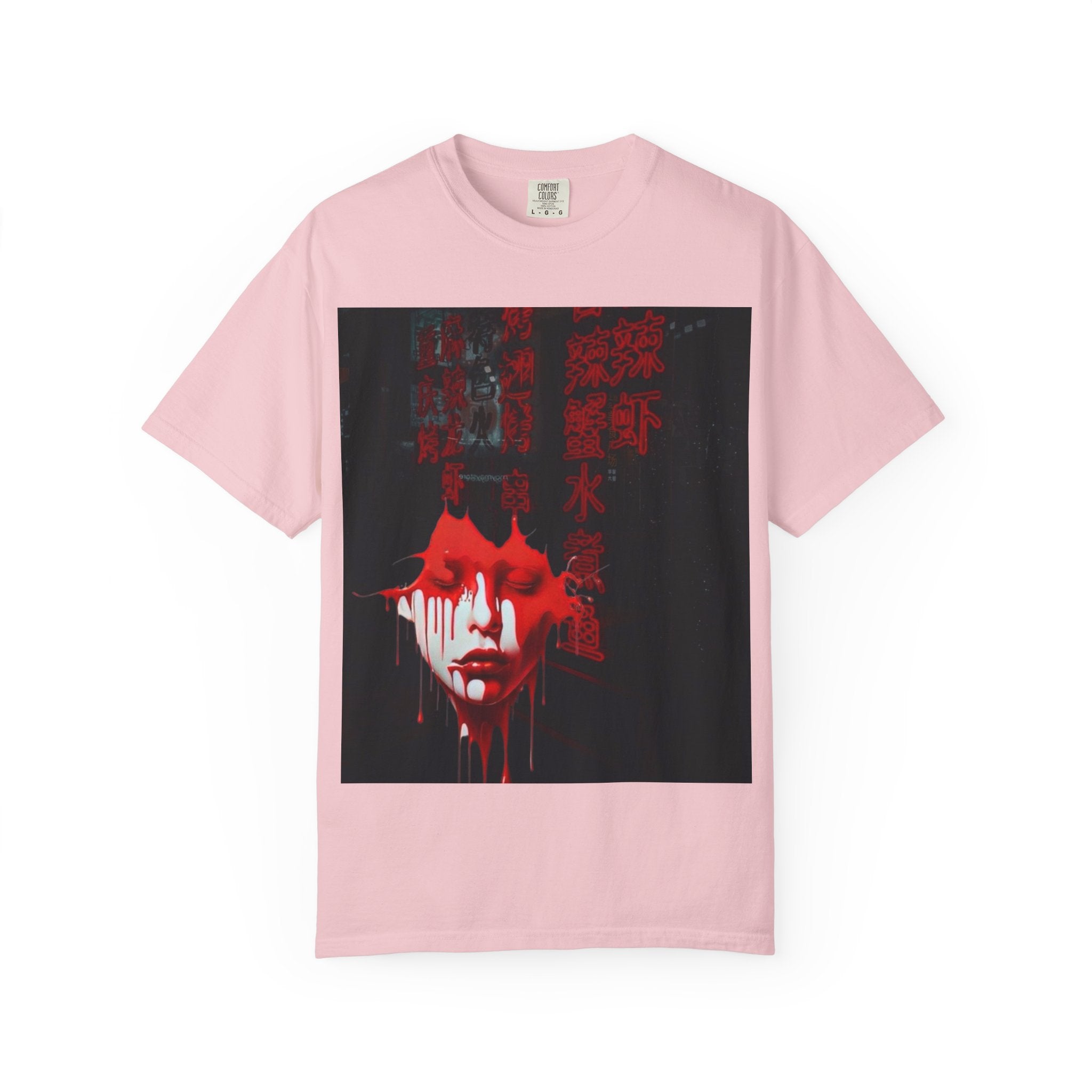 Horror Portrait Tee — Dripping Red Face with Japanese Script Graphic