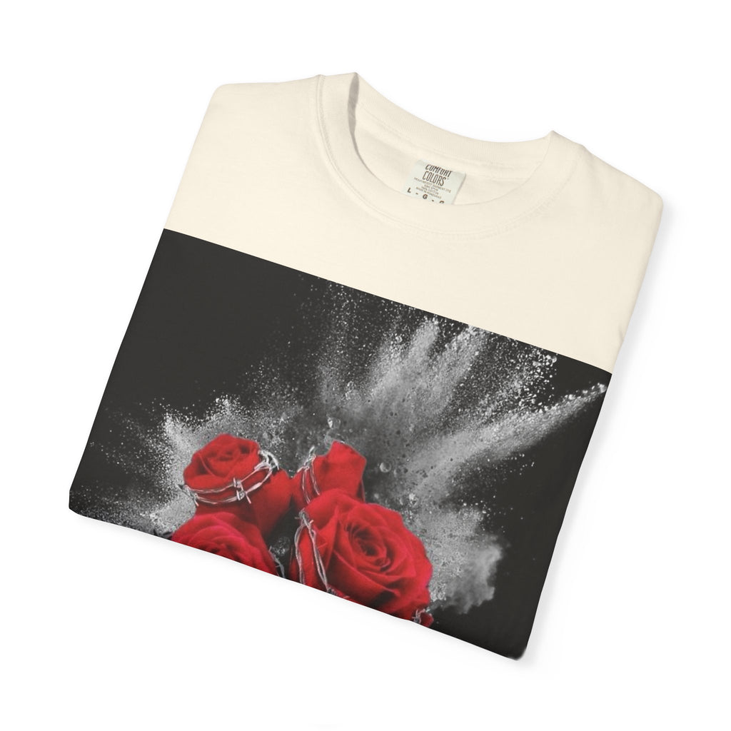 Rose Burst T-Shirt — Red Roses Graphic Tee with 'LEGACIESS' Back Logo